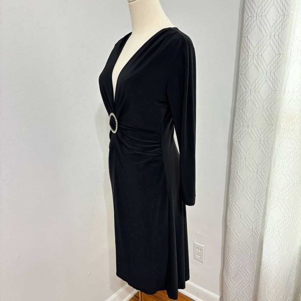 NWT Vtg Black Midi Dress Size L Ruched Long Sleeve Rhinestones‎ Evening Cocktail - Picture 7 of 13